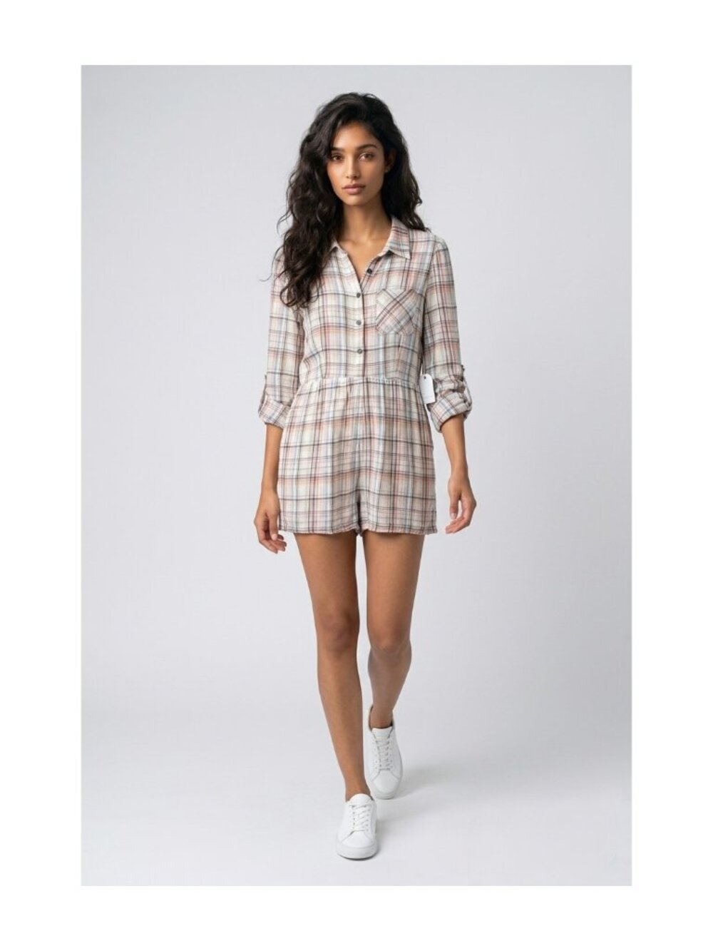 NWT Coco + Jaimeson Plaid Romper Size S Button Front Convertible Sleeves